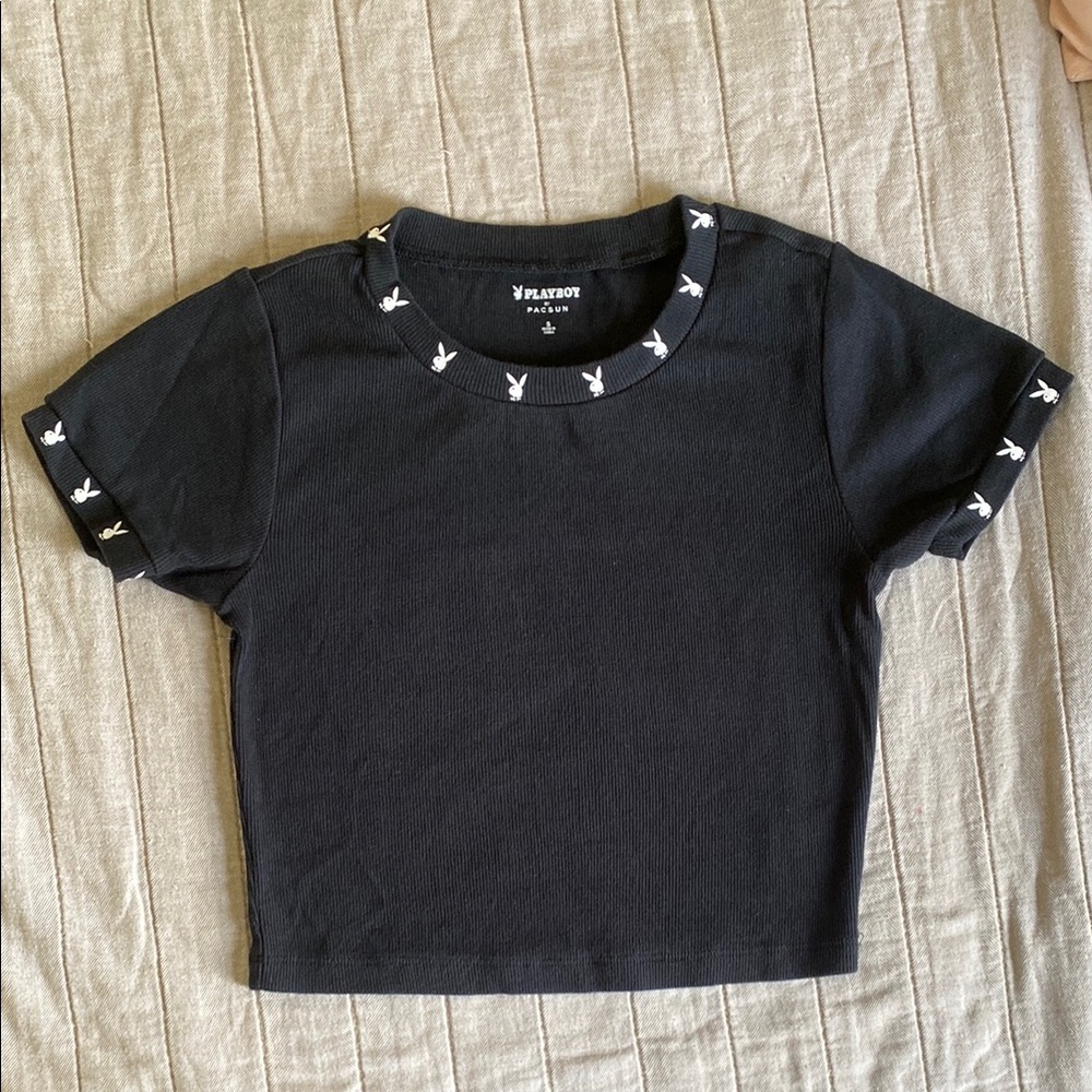 PLAYBOY - Black Ribbed Short Sleeve Top, Size S